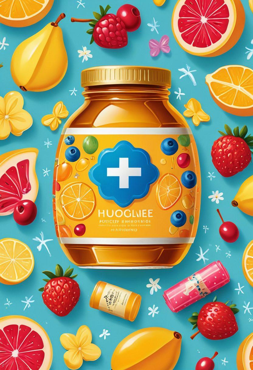 A whimsical illustration showcasing a diverse range of sweet items like honey jars, fruits, and candy, intertwined with symbols of insurance like medical crosses, policy documents, and a shield, all set against a bright, cheerful background. The image should blend elements of health and sweetness harmoniously, representing the concept of insurance as a form of security. Playful and inviting tones with a touch of humor. bright colors. vector art.