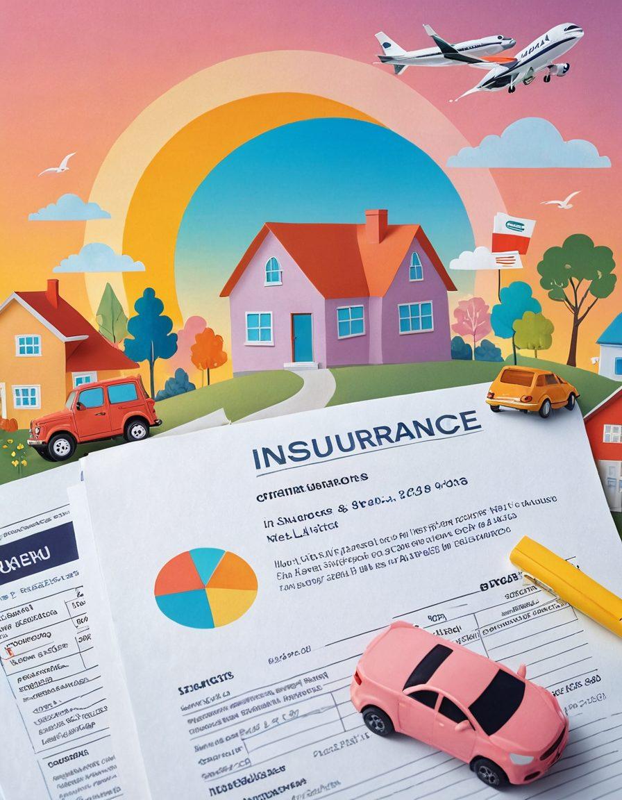 A collage of diverse people happily engaging in life activities—family gatherings, traveling, and pursuing hobbies—surrounded by symbols of insurance like house, car, and health icons. The background should have a warm sunrise symbolizing a bright future, with soft pastel colors to convey optimism and security. Details like a calculator and financial documents subtly integrated to highlight the essential aspect of insurance quotes. vibrant colors. modern illustration.