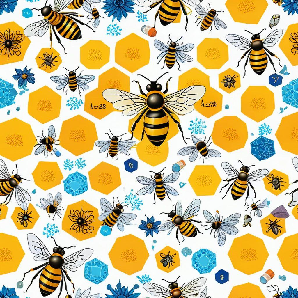 A vibrant illustration of a honeycomb design blending with various health symbols like stethoscopes, medical pills, and insurance documents, set against a bright and cheerful background. Incorporate bees buzzing around, symbolizing growth and prosperity in the insurance world. The colors should be warm and inviting, enticing viewers to explore the diverse offerings. super-realistic. vibrant colors. white background.